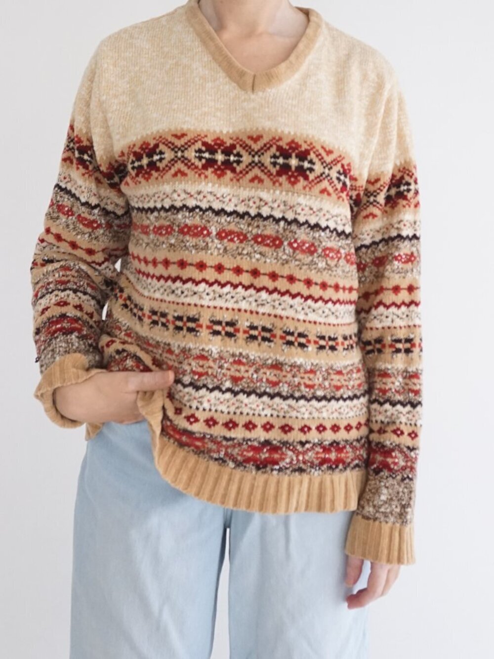 Vintage Carolyn Taylor Tan Fair Isle Nordic Snowflake Knit Sweater Cabin XL